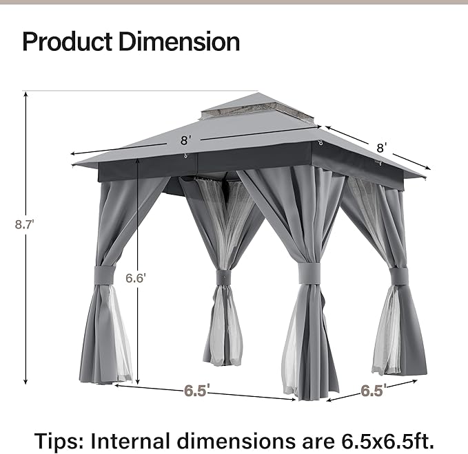 LAUSAINT HOME Gazebo 8x8ft, Heavy Duty Patio Gazebo with Expansion Bolts, Party Canopy Tent with Double Roofs, Mosquito Nettings and Privacy Screens for Backyard, Garden, Lawn, Grey