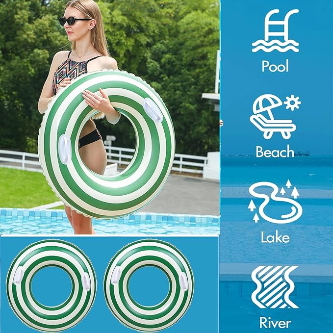 Large Striped Pool Floats- Inflatable Pool Floats for Adults- 2 Pack Striped Floaties Pool Tubes Swim Rings with Handles Inflatable Pool Float for Swimming Pool Party Lake Beach Adults