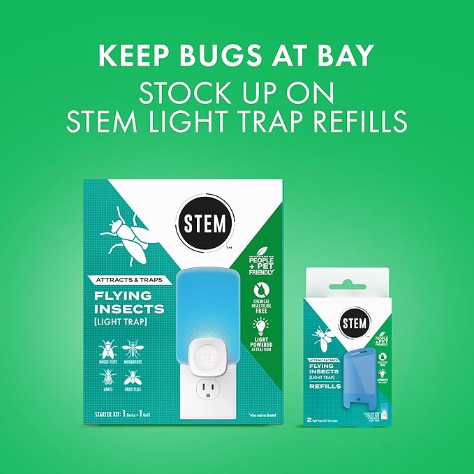 STEM Insect Trap - Indoor Fruit Fly & Gnat Pest Control for House, Home and Kitchen, Attracts & Traps Flying Bugs, Soft Blue Light - Includes 2 Plug-In Devices & 2 Cartridges