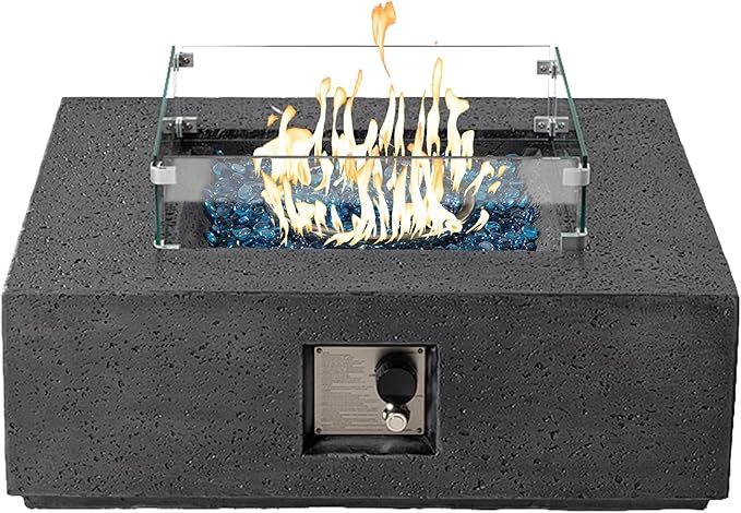 SUNBURY Outdoor Travertine Fire Pit Table, Burning Fire Pit, 35 inch Square Patio Fire Table 50,000 BTU FirePit for Outside with Waterproof Cover and Glass Stones, Light Gray