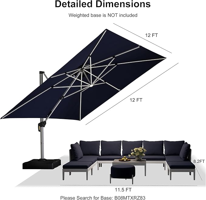 PURPLE LEAF 12 Ft Double Top Patio Cantilever Umbrella Outdoor Solar Powered LED Square Offset Large Garden Umbrella, Navy Blue