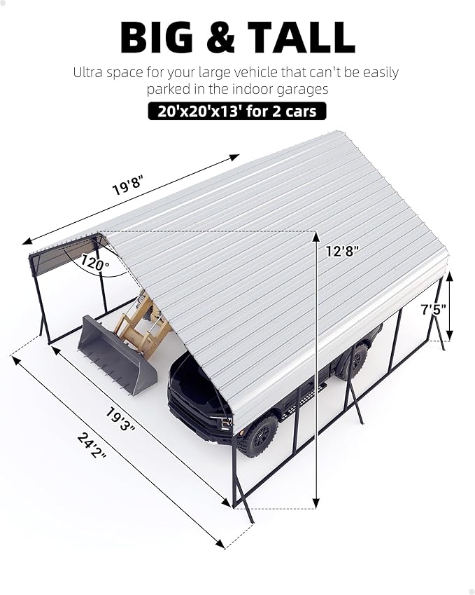 Garveelife 20'x20'x13' Metal Carport for 2 Cars, Heavy Duty Car Ports for Heavy Snow, Reinforced Frame, Tall Metal Car Ports for Bass Boats, Full-Sized Pickup Trucks, and Tractors, N.W. 800 Lbs