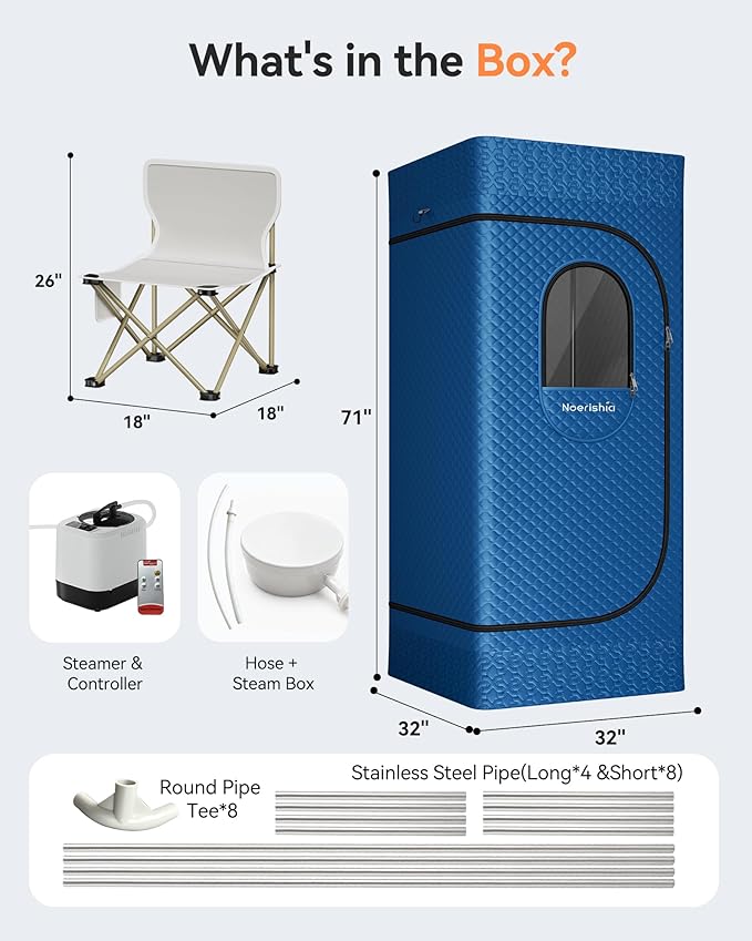 Sauna Box, Upgraded Portable Sauna for Home 5Layer Waterproof,3L 1200W Steamer,9 Levels,Dual YKK Zippers,Big Folding Chair,99 Mins Timer,Remote Control,Steam Sauna Room Personal Saunas Tent,Dark Blue