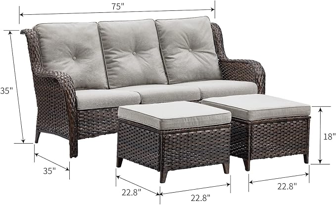 HUMMUH 3 Piece Patio Furniture Set All Weather Wicker Outdoor Sectional Sofa Manual Weaving Rattan High Curved Back Patio Couch with Ottomans