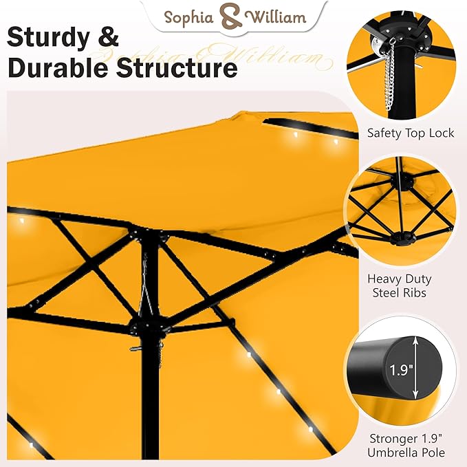 Sophia & William 15 ft Extra Large Patio Umbrella with Solar Lights, Rectangular Outdoor Umbrella with Base Included, Market Umbrella Double-sided Heavy Duty for Pool Garden Backyard, Golden yellow
