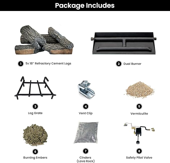 18" Premium Gas Logs - Safety Pilot Light Kit Included - for Liquid Propane Vented Fireplaces - Blazing Oak Design (Logs + Safety Pilot Light Kit)
