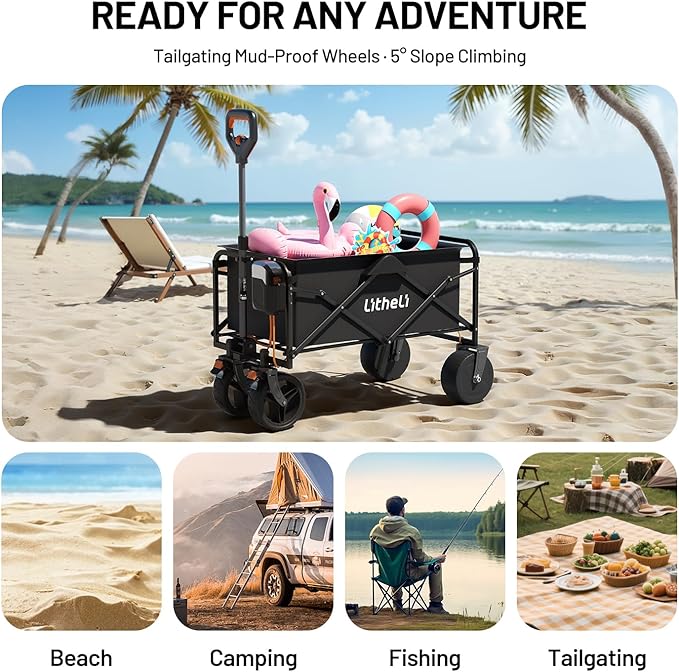 Litheli Electric Collapsible Wagon Cart Foldable, 100L Portable Folding Wagon Cart with Wheels, Outdoor Lightweight Utility Carts for Beach Grocery Camping Shopping，Black