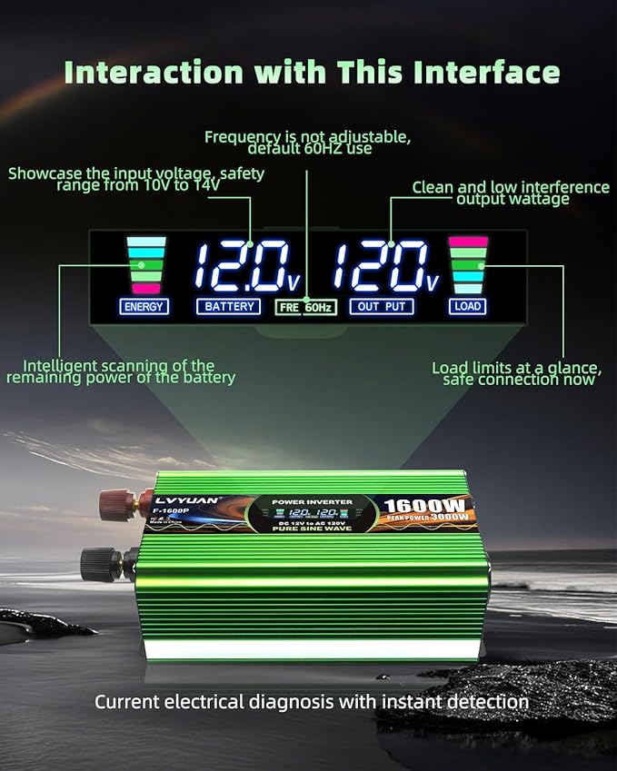 1600W Pure Sine Wave Power Inverters, LVYUAN 3000W Peak Power 12V DC to AC 120V Converter for Vehicle, RV, Off-Grid Solar, Remote Control 4 AC Outlets, 4 USB Ports Inverter with LCD Display