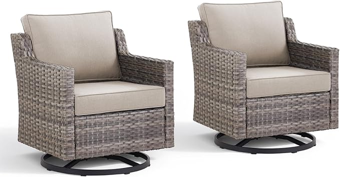 Outdoor Swivel Rocker Patio Chairs-High Back Wicker Swivel Rocker Patio Chairs Set of 2,PE Wicker Chair Patio Furniture Sets with Covered Cushions for Porch Balcony Patio Deck Grey/Beige