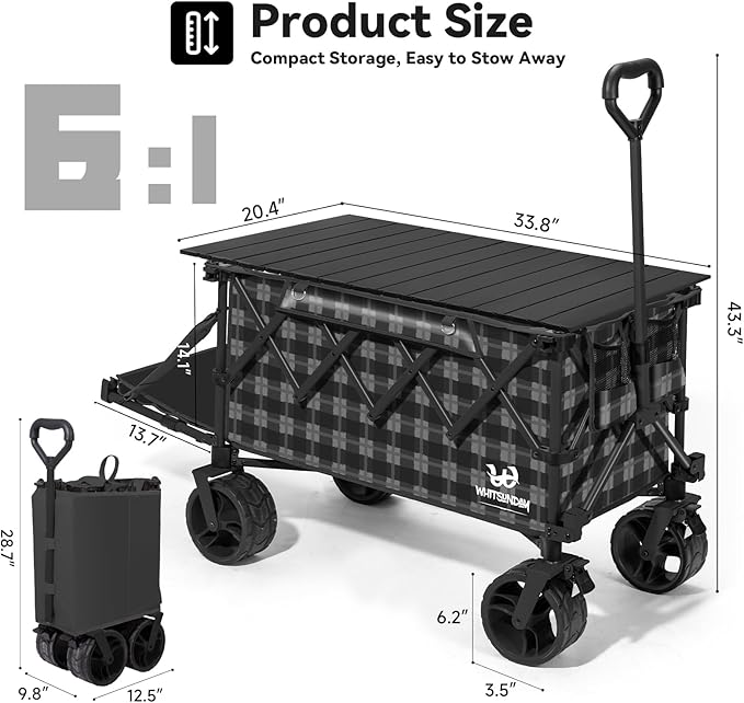 Whitsunday Collapsible Folding Wagon with Table, Heavy Duty Utility Beach Wagons with All-Terrain Wheels for Camping,Garden,Sports Black