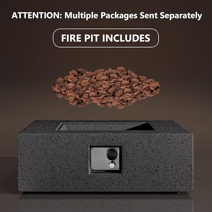 SUNBURY Outdoor Travertine Fire Pit Table, 35 in Square Propane Gas Patio FirePit 50000 BTU, Firepit Table with Lava Rocks, Wind Guard, Propane Tank Cover, Waterproof Cover (Grey)
