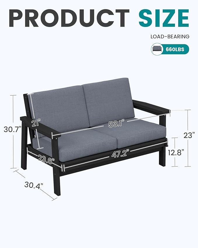 SERWALL Patio Furniture Set with 33” Fire Pit Table, HDPE Outdoor Sectional Sofa Set with Thickened Cushions, Black Frame with Grey Cushions
