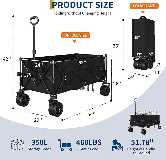 52" Foldable Wagon for Beach with 460lbs Weight Capacity, Heavy Duty 350L Extra Large Collapsible Foldable Wagon for Camping, All Terrain Beach Wagons Extended with Cup Holders for Sand