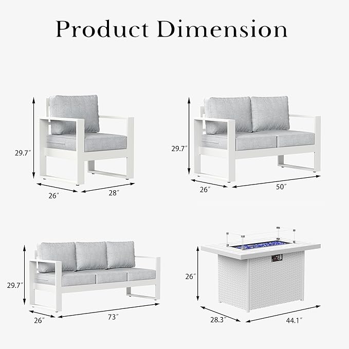 LayinSun 5 Pieces Aluminum Outdoor Patio Furniture Set, Metal Modern Conversation Sofa Set with Fire Pit Table and Washable Thick Cushions for Porch, Backyard, Deck