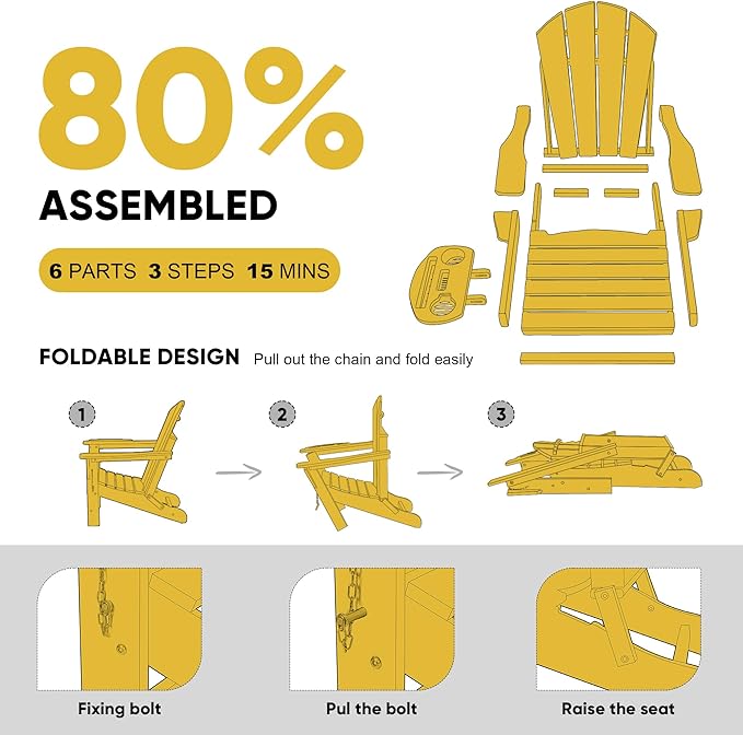 Adirondack Chair Set of 6, HDPE Folding Adirondack Chair with Multifunctional Cup Holder, Weather Resistant Fire Pit Chair for porches, patios, poolsides, Decks.