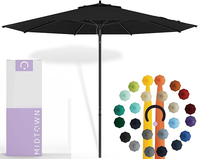 Midtown Umbrellas Push Pop Sunbrella Umbrella 9 Feet Outdoor Umbrella in Spectrum Carbon Fabric - Patio Umbrella, Backyard Umbrella, Garden Umbrella, Picnic Table Umbrella & Pool Umbrella - Black Pole