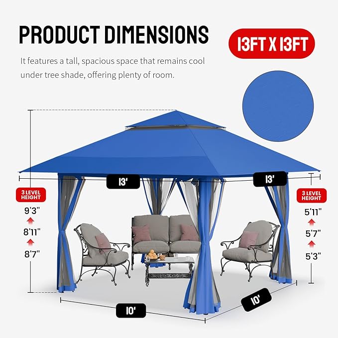 CROWN SHADES 13x13 Pop Up Gazebo, Canopy Tent, Gazebos on Clearance - Outdoor Gazebo for Backyard & Patio Furniture - Carpa Pop Up Tent with Wheeled STO-N-Go Cover Bag (Blue)