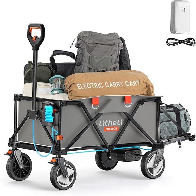 Litheli Electric Wagon Cart with 1 Battery, All-Terrain Wheels & Variable Speed | 200L Capacity, 300 lbs Heavy-Duty Utility Wagon for Camping Beach Garden Shopping, SE-Grey