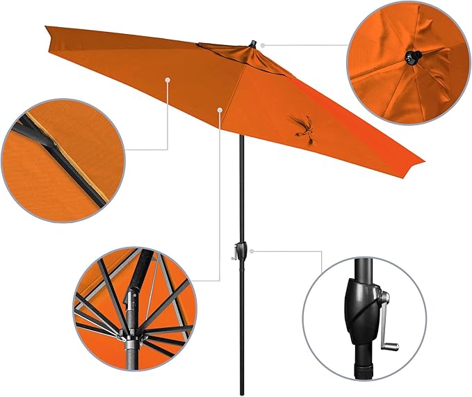 California Umbrella 9' Rd Aluminum Patio Umbrella, Crank Lift, Auto Tilt, Black Finish, Sunbrella Tuscan