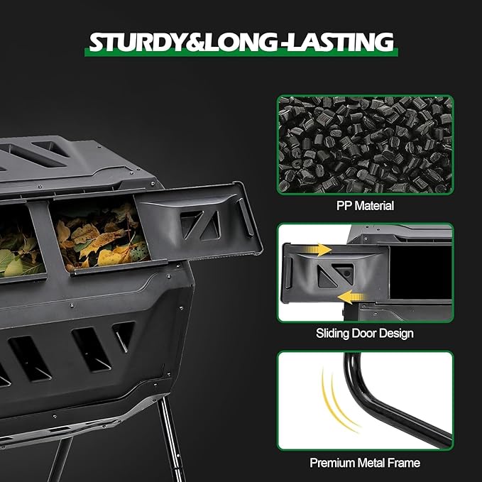 Large Composting Tumbler Dual Chamber Outdoor Garden Rotating Compost Bin Tumbling Composter with Sliding Door (43 Gallon, Black)