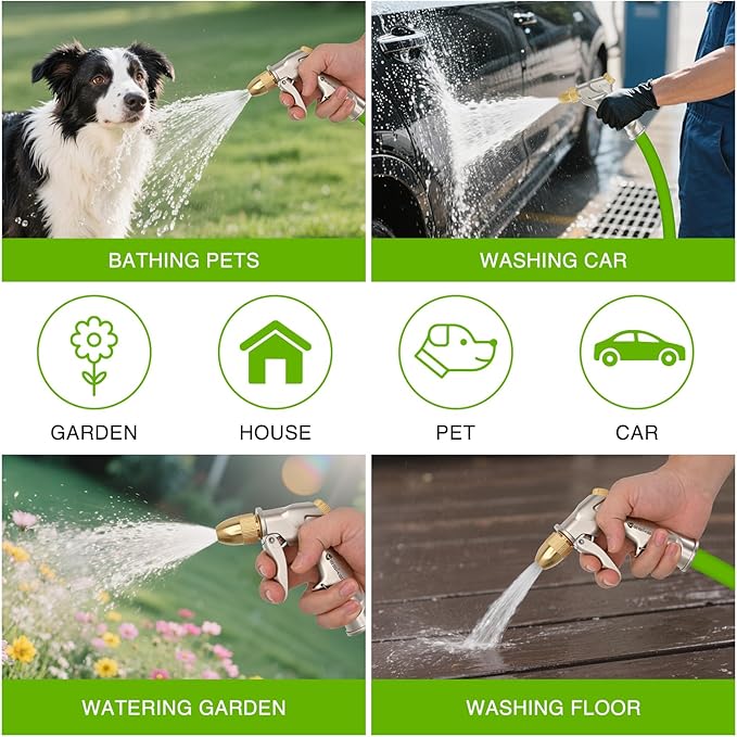 Yesker Garden Hose Nozzle, Water Hose Sprayer Nozzle Adjustable 4 Spray Patterns Heavy Duty Handheld 100% Metal Brass Water Nozzles for Hose Outdoor Watering Plants Lawns Garden Washing Cars Pets Home
