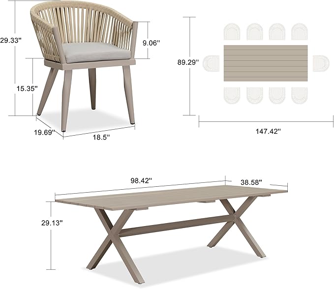 PURPLE LEAF 11 Pieces Outdoor Dining Set with Patio Aluminium Dining Table and Wicker Rattan Chairs Modern Furniture Cushions Sets for Backyard Indoor Decor Kitchen Champagne