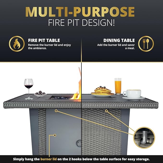 Ethan Rattan 5-Piece Patio Furniture Set with Fire Pit Table, 42-Inch Fire Outdoor Propane Pit Dining Table Conversation Set, 50,000 BTU, Includes 4 Sofa Swivel Chairs (Grey Grey)