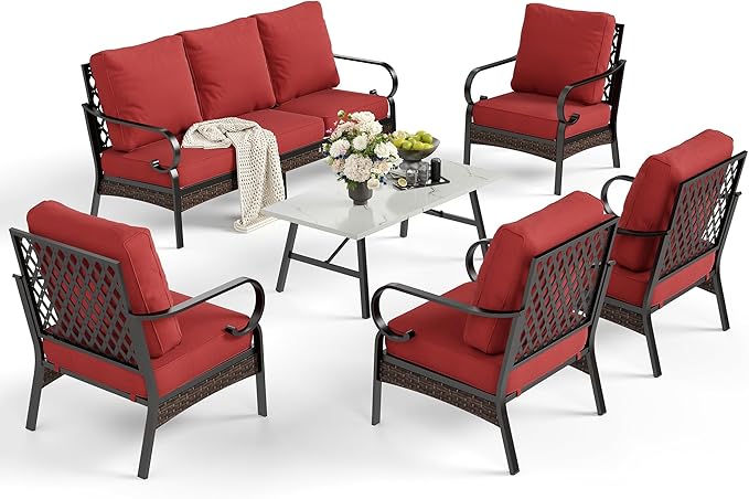 SUNSHINE VALLEY 6 Piece Metal Outdoor Patio Furniture Sets, Patio Conversation Sets with 3-Seater Sofa, 4 Single Sofa (5.75" Thick Cushion) & Coffee Table, Black Frame Backyard Furniture, Rust Red