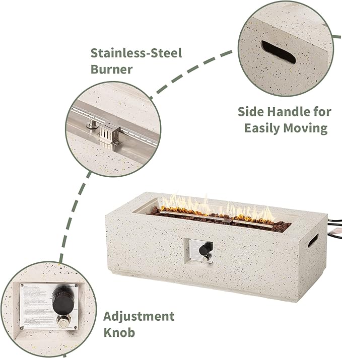 COSIEST Outdoor Propane Fire Pit Coffee Table, 42-inch x 13-inch Terrazzo Rectangle Base Patio Heater w Certified, 50,000 BTU Stainless Steel Burner, Free Lava Rocks and Rain Cover