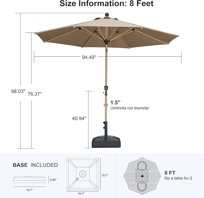 PURPLE LEAF 8 Feet Market Umbrella with Base Patio Umbrella Round Outdoor Table Umbrella with Push Button Tilt & Crank and 8 Ribs Aluminum Outdoor Umbrella for Garden Deck Balcony, Taupe