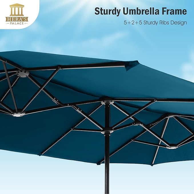 HERA'S PALACE 13 Ft Double-Sided Twin Patio Umbrella, Outdoor Double Sided Market Patio Umbrella with Crank, Powerful UV Protective (Cerulean)