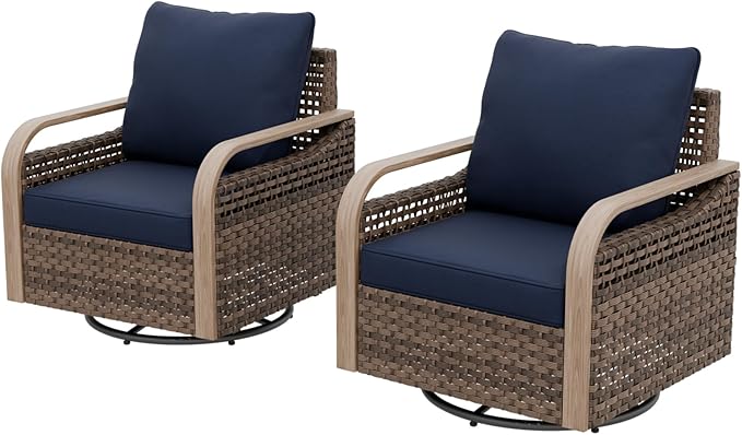 EAGLE PEAK Modern Wicker Outdoor Glider Rocking Chair, Swivel Rocker, Rattan Patio Furniture for Yard Deck Porch Garden, 2 Chairs, Brown/Blue