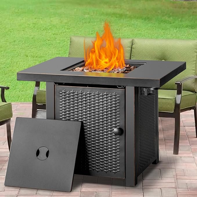 32 Inch Propane Fire Pit Table, Outdoor Gas Fire Pits with 2 Drink Holders, Lid & Lava Rock, 50000 BTU Firepit Table for Dinning, Party in Outside, Patio, Garden or Yard
