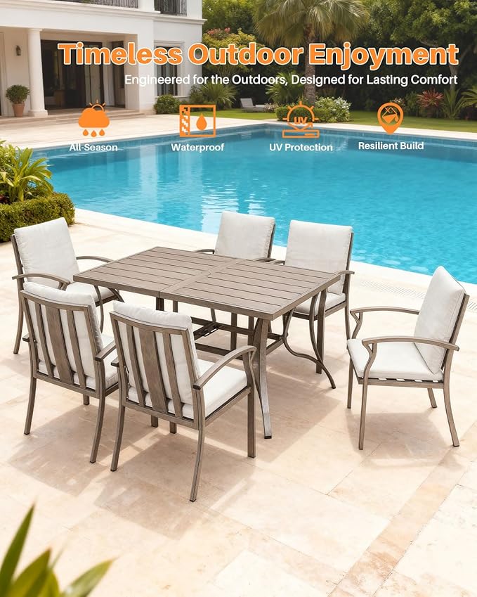 SEEHILL Patio Dining Chair Set of 6, Outdoor Dining Chairs with Thick Cushion, Sturdy Aluminum Outdoor Chairs for Table, Outdoor Dining Furniture Set for Deck, Garden, Backyard, Pool, Limed Oak