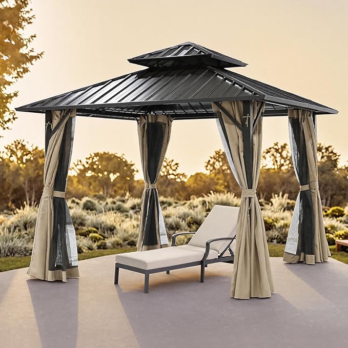 SEEHILL 10' x 10' Hardtop Gazebo, Aluminum Frame Outdoor Patio Gazebos with Netting and Curtains, Outdoor Gazebo Canopy, Patio Pergola with Double Steel Roofs for Backyard, Patio, Deck, Sandstone