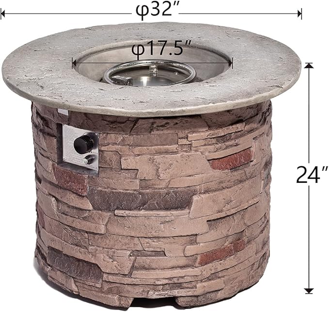 COSIEST Outdoor Propane Concrete Fire Pit Table w Imitation Stone Surface 32-inch Round Fire Table, Certified, 40,000 BTU Stainless Steel Burner, Free Lava Rocks, Fits 20lb Tank Inside