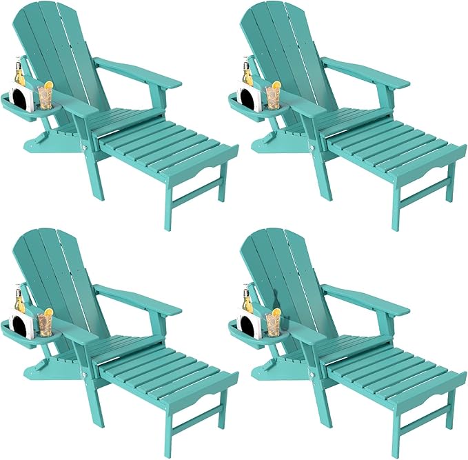 Adjustable Adirondack Chair with Retractable Ottoman Set of 4, HDPE Folding Adirondack Chair with Cup Holder, All Weather Fire Pit Chair for Outdoor.