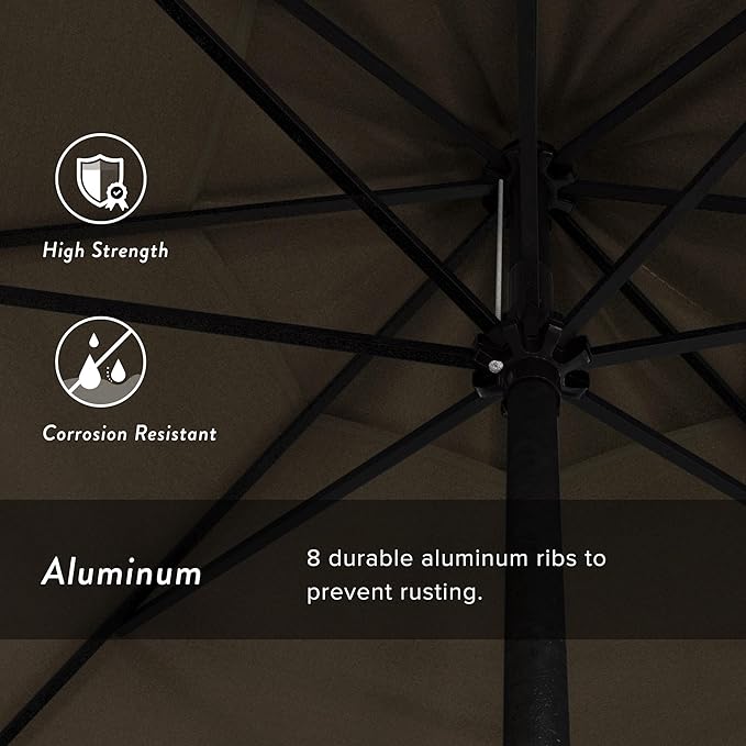California Umbrella 9' Rd Aluminum Patio Umbrella, Crank Lift, Auto Tilt, Black Finish, Sunbrella Taupe