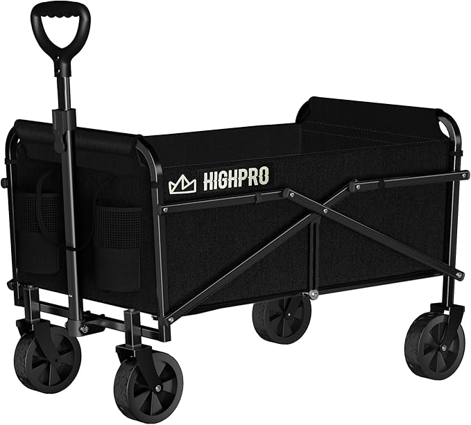 Highpro Collapsible Wagon Carts Foldable, Heavy Duty Beach Folding Wagon Cart with Wheels, Portable Grocery Garden Cart for Outdoor, Sports, Shopping, Camping, Black