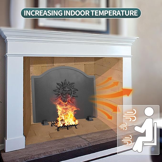 Iron Fireback with Feet - 22.5in Sun Fireplace Heat Reflector, Heat-Resistant Material with Decorative Design for Wall Protection