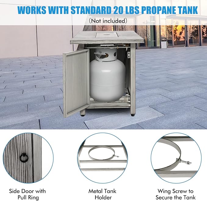 Tangkula 43 Inch Propane Fire Pit Table, Patiojoy 50,000 BTU Outdoor Gas Fire Table w/Wood Grain Tabletop, Hideaway Tank Storage, Lava Rocks, Rectangular Propane Firepit w/Waterproof Cover