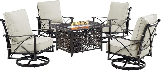 Oakland Living Black Aluminum Patio Fire Table Set with Four Club Chairs