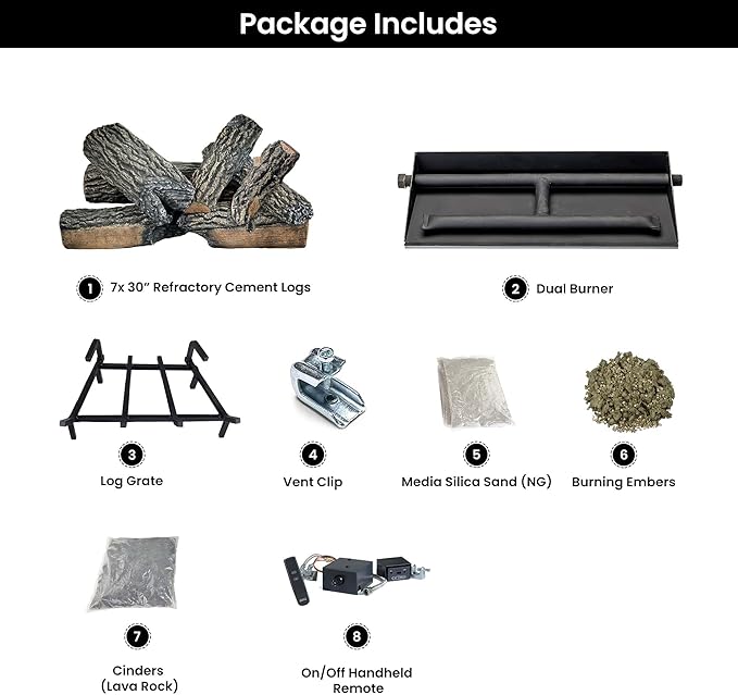 30" Premium Gas Logs - Remote Control Kit Included - for Natural Gas Vented Fireplaces - Blazing Oak Design (Logs + Remote Light Kit)