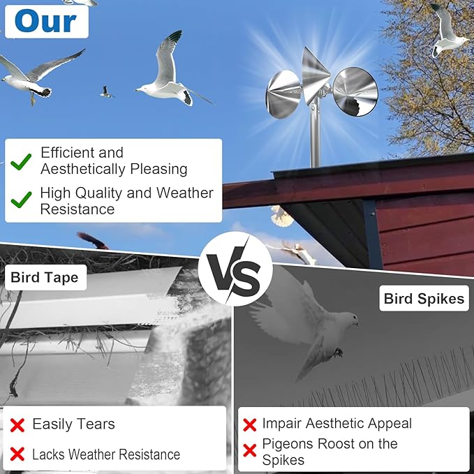 2 Pack Bird Reflectors Spinning Wind Powered，Bird Scare Reflective Device Keep Bird Pigeon Woodpeckers and Sparrows Away for Outdoor Patio, Yard, Garden, Rooftop and Vegetable Gardens