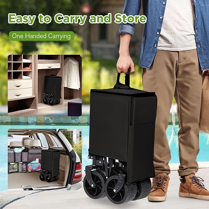Bezseller Collapsible Wagon 400 lbs, Wagons Carts Foldable, Beach Carts with Big Wheels for Sand, Utility Grocery Shopping Cart for Grocery, Sports, Garden, Shopping and Camping, Black
