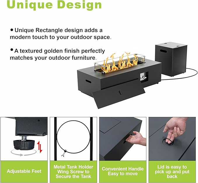 Dineli 2-Piece Outdoor Propane Fire Pit Table Set w Tank Table 42'' Rectangular Gas Fire Pits for Outside Patio 2-in-1 Table Fire Pit Tabletop w LED, 50,000 BTU (Black with RGB Light)