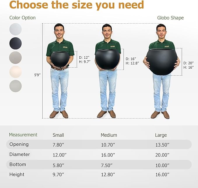 9.7" H x 12" D Globo Fiberstone Round Planter - Christmas Tree Planter, Smooth Finishes, Weather Resistant for Indoor & Outdoor Use, Included 2 Extra Coco Mats (Black, 7.8" Pot Opening)