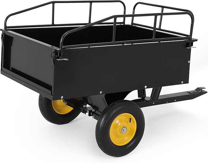 500LBS Heavy Duty Tow Behind ATV Trailer, Steel Dump Cart, Garden Utility Trailer with Removable Tailgate for Riding Lawn Mower Tractor, Black