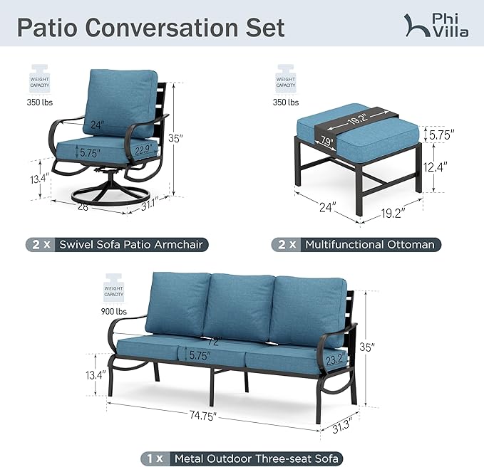 PHI VILLA 5 PCS Patio Furniture Set,Metal Deluxe Patio Set with 1 x 3 Seater Deep Seating Bench, 2 x Swivel Sofa Chairs & 2 x Metal Cushioned Ottoman, Outdoor Patio Set for Garden, Navy Blue