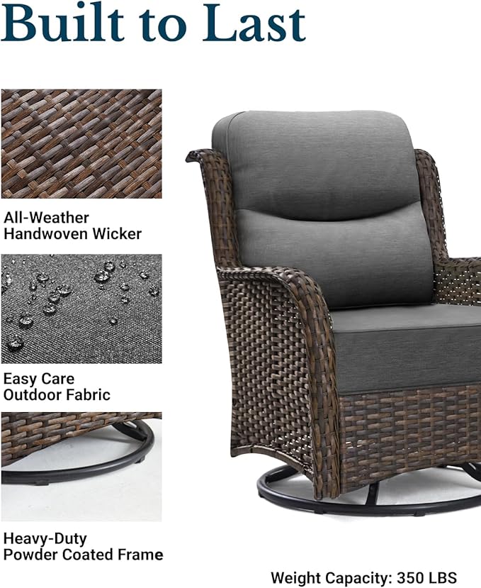 HILLGA Luxury Outdoor Swivel Rocker Patio Chairs of 2 with 6 Inch Thick Cushions and Side Table, Swivel Outdoor Chairs 3PCS High Back Wicker Patio Furniture Set for Porch, Balcony, Deck in Dark Grey